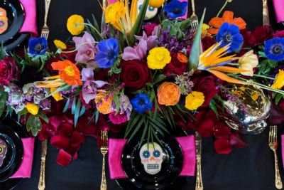 Colorful Day of the Dead inspired floral centerpiece