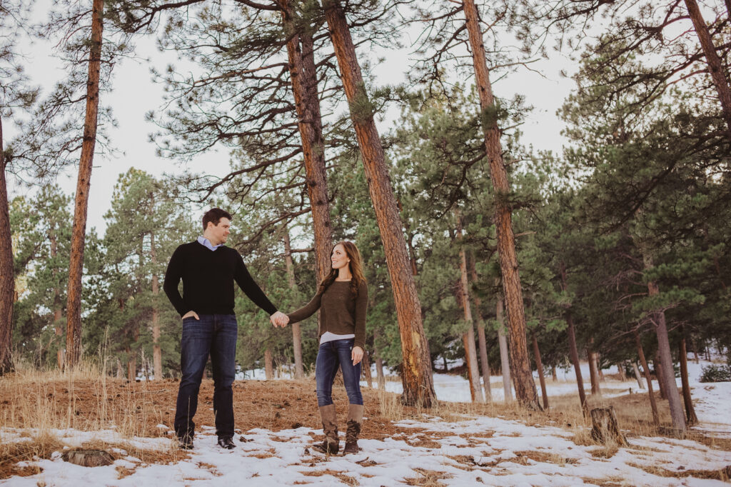 Evergreen Lake House outdoor lake nature trail adventurous candid fun engagement picture | From the Hip Photo Denver Colorado portrait photography 