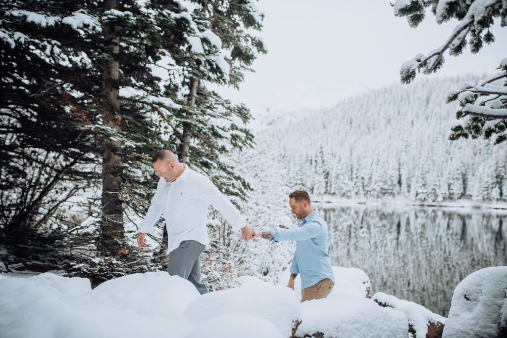 Rocky Mountain National Park outdoor nature park lake candid fun romantic engagement picture | From the Hip Photo portrait photography 
