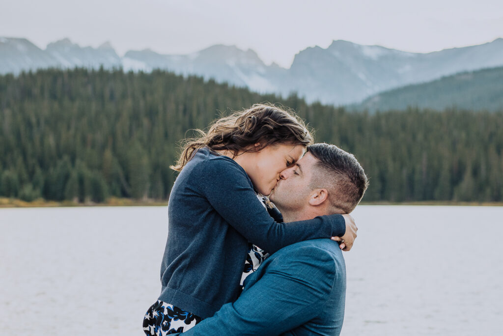 Brainard Lake outdoor lake mountain adventurous fun candid loving engagement picture | From the Hip Photo Denver Colorado portrait photography