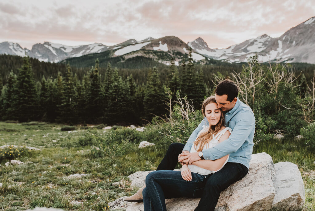Brainard Lake outdoor lake mountain adventurous fun candid loving engagement picture | From the Hip Photo Denver Colorado portrait photography 