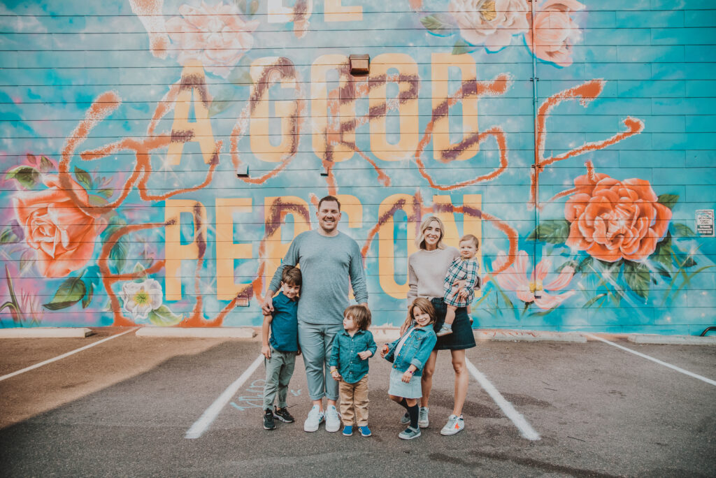 RiNo Art District Denver Colorado mural bold hippy fun candid colorful family picture | From the Hip Photo portrait photography 