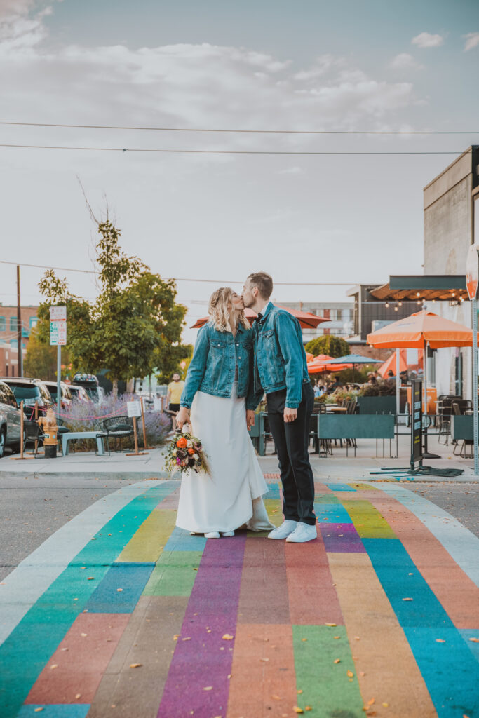 RiNo Art District Denver Colorado mural bold hippy fun candid colorful engagement wedding picture | From the Hip Photo portrait photography