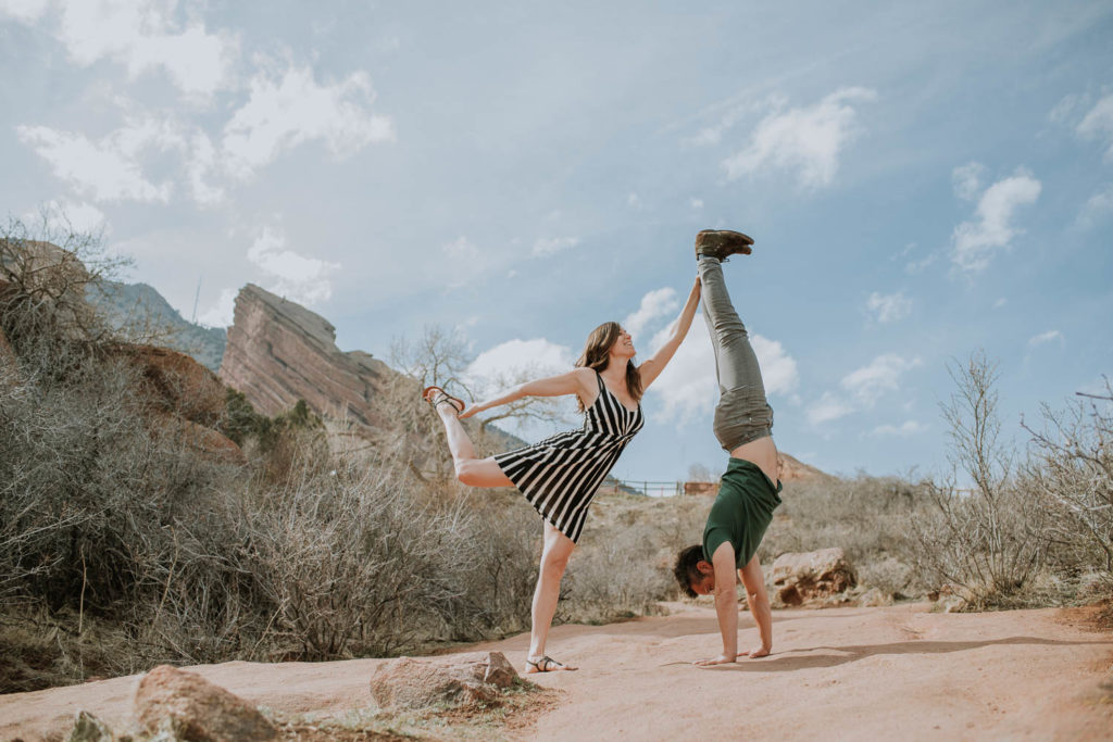 Red Rocks, Colorado | Outdoors Mountain views | Couples yoga | Engagement photos