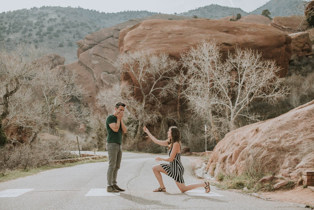 Red Rocks, Colorado | Outdoors | Woman proposes | Mountain proposal | Engagement photos