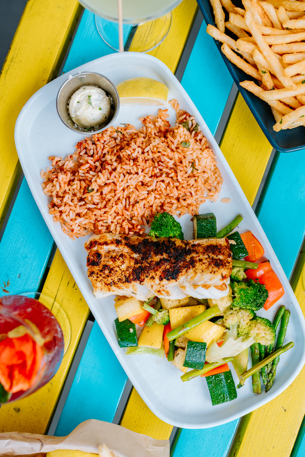 Food photography | West to East Coast with Hello Betty | A tray with rice, vegetables and grilled fish | Bethesda, MD | Oceanside, CA