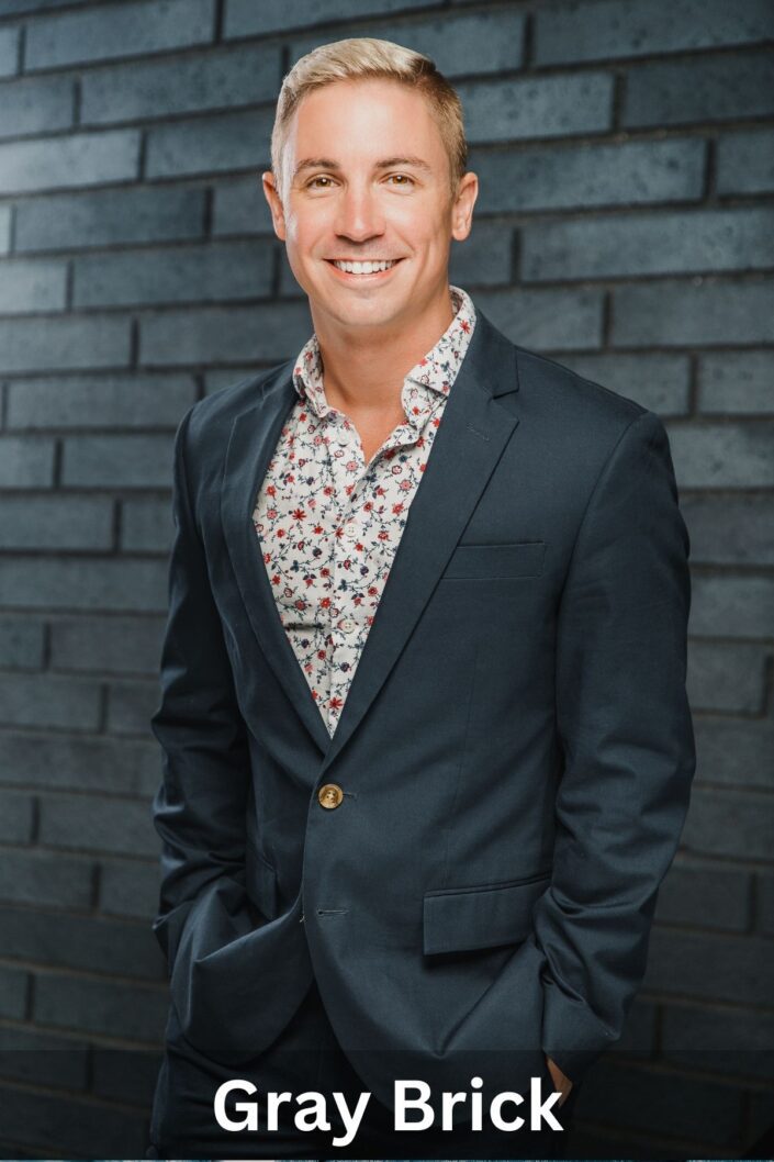 Studio headshot photography background options | Gray blue brick