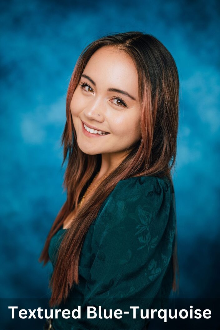 Professional portrait on Textured Blue-Turquoise backdrop — Denver studio photography by From the Hip Photo