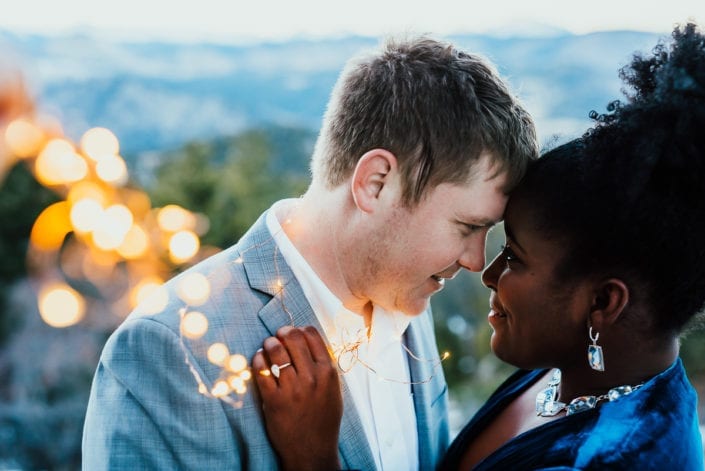 Romantic Fairy Lights Mountain Engagement Picture at Sunset Dusk | Denver & Boulder Elopement Photographer