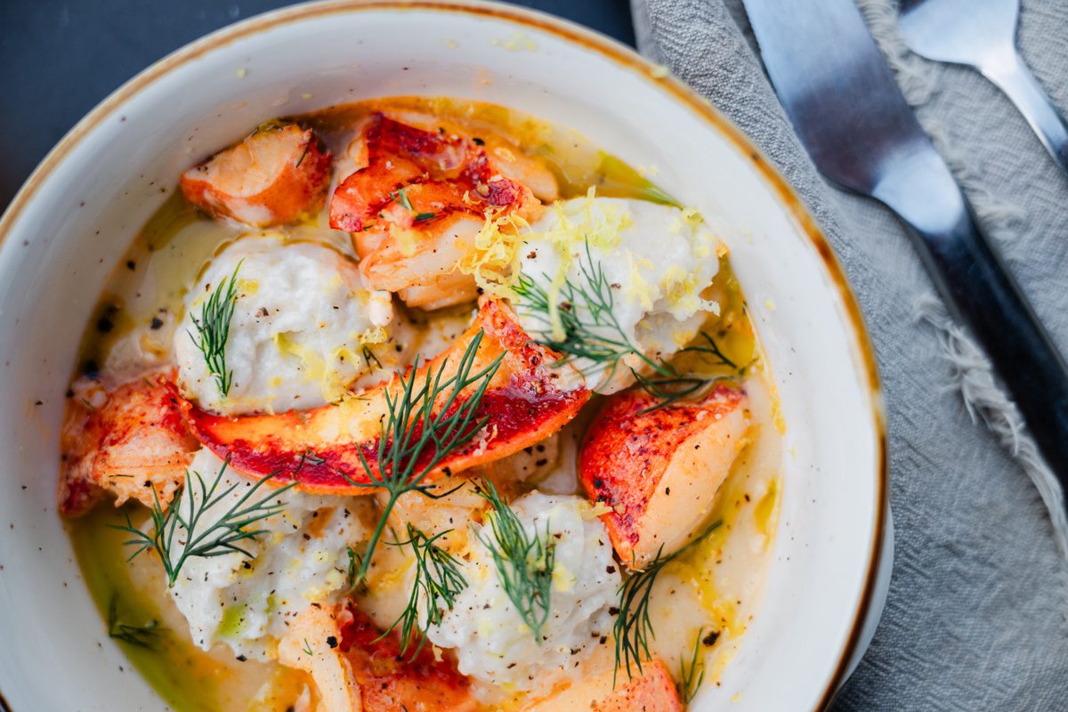 Butter-poached lobster with dill garnish