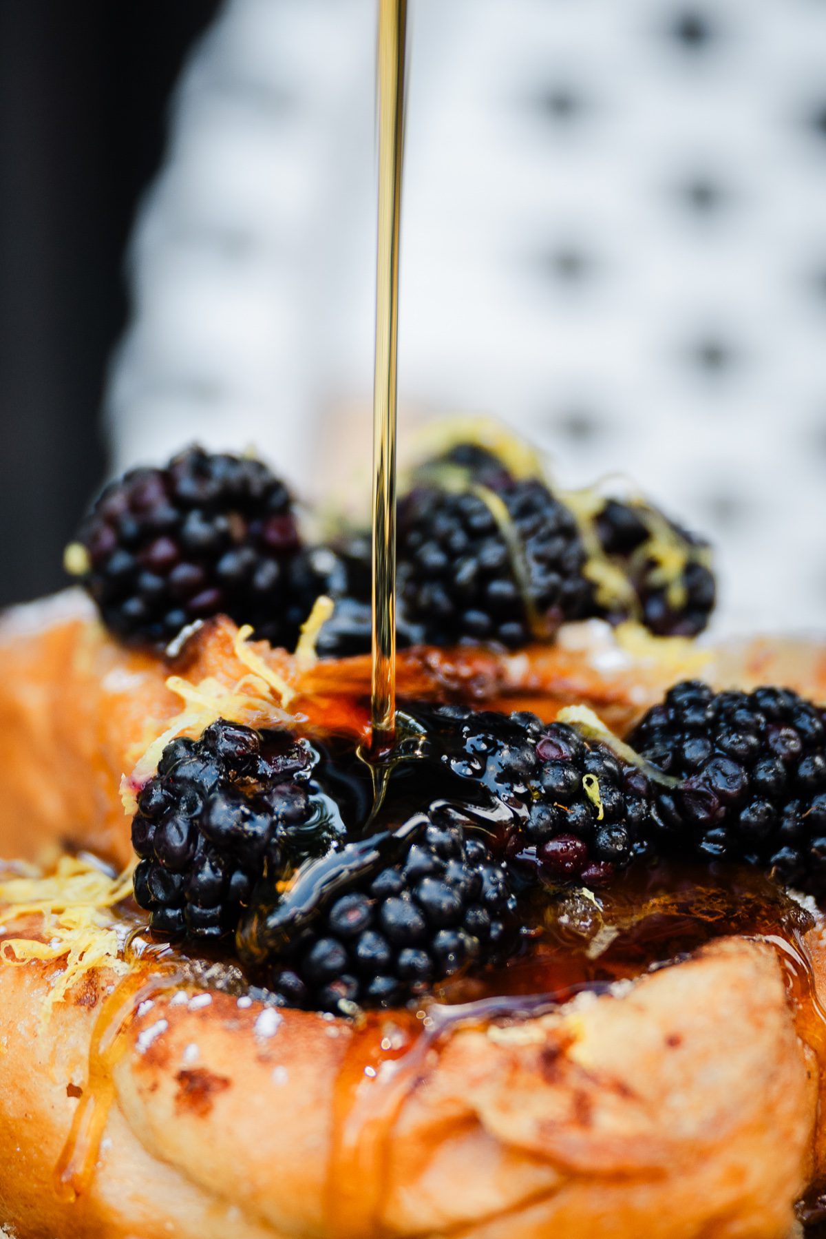 Syrup pouring over French toast