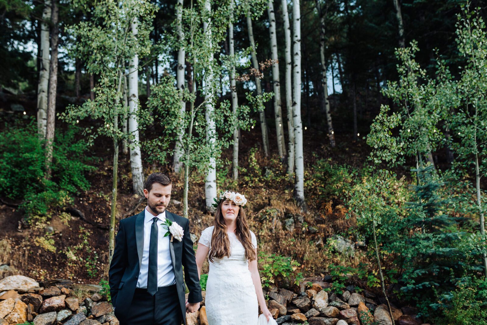 Bride and groom in the aspen stand at Blackstone Rivers Ranch