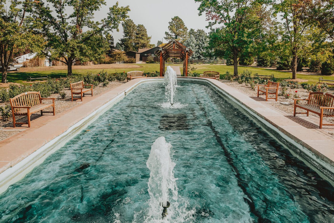 The reflecting pool and fountains at The Hudson Gardens & Event Center in Littleton, Colorado