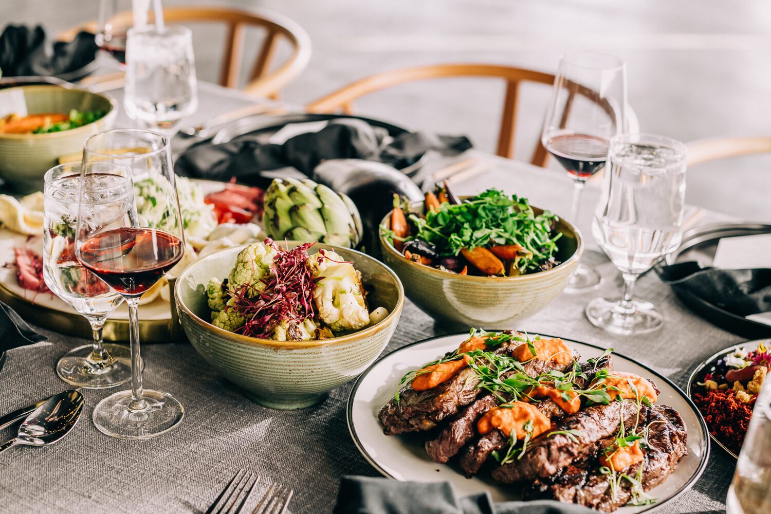 Catering spread laid out at Moss Denver in the Santa Fe Art District