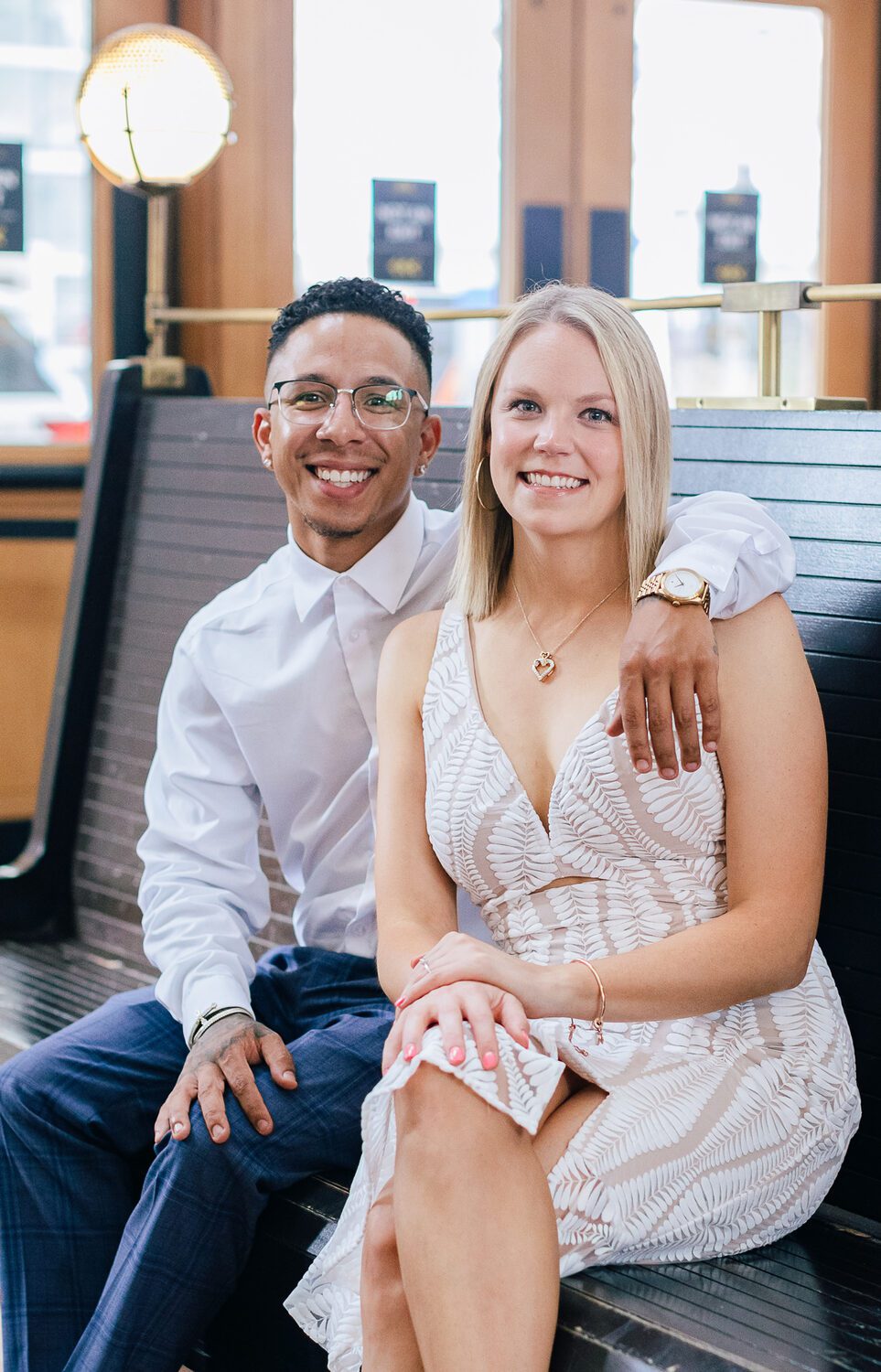 Engagement portrait on the Union Station benches, Denver