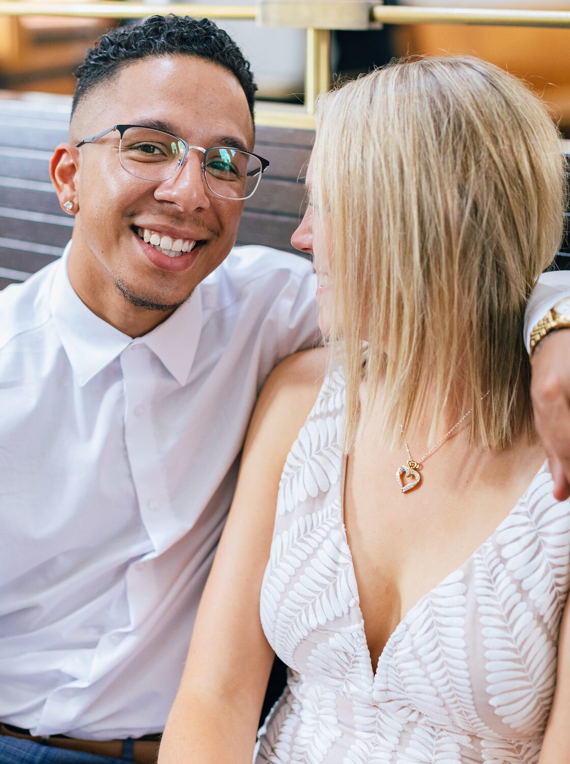 Close portrait of the couple in the Great Hall at Denver Union Station